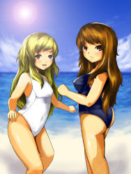 Rule 34 | 2girls, ass, bad id, bad pixiv id, beach, blonde hair, blush, brown eyes, brown hair, day, female focus, laboto, lily black, lily white, long hair, multiple girls, ocean, one-piece swimsuit, swimsuit, touhou