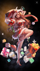 Rule 34 | antlers, bag, bell, box, breasts, brown hair, carrying over shoulder, christmas dress, destiny child, gift, gift box, gloves, hat, high heels, highres, horns, large breasts, leda (destiny child), looking at viewer, ribbon, santa gloves, santa hat, star (symbol), star ornament, thigh strap, thighs