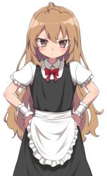 Rule 34 | 1girl, absurdres, ahoge, aisaka taiga, alternate costume, apron, black dress, blush, brown eyes, brown hair, closed mouth, commentary, cowboy shot, dress, enmaided, frilled apron, frills, hands on own hips, highres, long hair, looking at viewer, maid, mooramango, pout, puffy short sleeves, puffy sleeves, short sleeves, simple background, solo, standing, toradora!, v-shaped eyebrows, very long hair, waist apron, white apron, white background