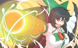 Rule 34 | 1girl, arm cannon, black hair, black wings, bow, breasts, cube85, hair bow, large breasts, long hair, open mouth, red eyes, reiuji utsuho, shirt, smile, solo, third eye, touhou, weapon, white shirt, wings