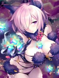 Rule 34 | 1girl, :o, animal costume, animal ears, artist name, bare shoulders, between breasts, black nails, blush, breasts, claws, cleavage, cowboy shot, elbow gloves, embarrassed, fate/grand order, fate (series), foreshortening, fur, fur trim, giving, gloves, hair over one eye, halloween, halloween costume, kousaki rui, large breasts, leaning forward, light purple hair, looking away, mash kyrielight, mash kyrielight (dangerous beast), nail polish, navel, o-ring, o-ring top, official alternate costume, open mouth, panties, purple eyes, purple panties, quartz, saint quartz (fate), short hair, signature, smile, solo, stellated octahedron, stomach, underwear, wolf ears