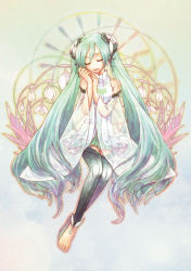 Rule 34 | 1girl, a-gatha, alternate costume, aqua hair, bad id, bad pixiv id, barefoot, closed eyes, detached sleeves, dress, female focus, flower, gradient background, hatsune miku, hatsune miku (append), long hair, plant, sitting, solo, thighhighs, twintails, very long hair, vocaloid, vocaloid append
