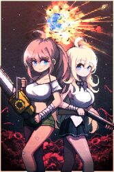 Rule 34 | 2girls, ahoge, bandaged arm, bandages, bare legs, bare shoulders, breasts, chainsaw, closed mouth, earth (planet), explosion, green shorts, gun, highres, holding, holding chainsaw, holding gun, holding weapon, hwaryeok, large breasts, long hair, medium hair, mother and daughter, multiple girls, novelpia, pale skin, pixel art, planet, red hair, shirt, shorts, sidelocks, sideways glance, smile, star (sky), string tie, tagme, weapon, white shirt