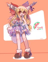 Rule 34 | 1girl, blonde hair, blush, bow, brown eyes, brown footwear, ceroblitz, character name, food, fruit, full body, gourd, hair bow, highres, horn bow, horn ornament, horns, ibuki suika, long hair, looking at viewer, oni, oni horns, purple skirt, skirt, solo, thighhighs, touhou, watermelon, white thighhighs