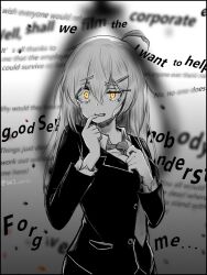 Rule 34 | 1girl, blurry, blurry foreground, collared shirt, crying, crying with eyes open, english text, finger to mouth, formal, greyscale, hair between eyes, half-closed eye, hands up, highres, hod (project moon), jacket, lobotomy corporation, long sleeves, monochrome, necktie, nervous, noose, ori oriio, project moon, shirt, solo, spot color, tears, upper body, yellow eyes