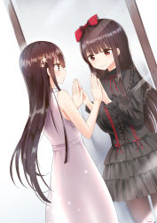 Rule 34 | 2girls, bare arms, bare shoulders, black dress, blush, bow, brown eyes, brown hair, brown legwear, closed mouth, commentary request, dress, dutch angle, gothic lolita, hair bow, lolita fashion, long hair, long sleeves, mirror, multiple girls, original, pantyhose, piripun, profile, red bow, red eyes, signature, sleeveless, sleeveless dress, smile, very long hair, white background, white dress