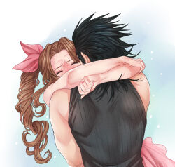 Rule 34 | 1boy, 1girl, aerith gainsborough, arms around neck, bare arms, bare shoulders, black hair, black shirt, blush, braid, braided ponytail, brown hair, closed eyes, commentary, couple, crisis core final fantasy vii, crylin6, dress, english commentary, final fantasy, final fantasy vii, from behind, hair ribbon, highres, hug, jewelry, long hair, parted bangs, pink dress, pink ribbon, ribbed shirt, ribbon, ring, shirt, sleeveless, sleeveless shirt, spiked hair, upper body, zack fair