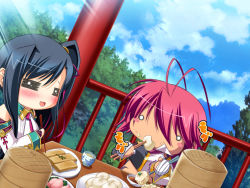 2girls antenna_hair black_hair blush chopsticks food game_cg kan&#039;u_unchou_(koihime) katagiri_hinata koihime_musou long_hair multiple_girls pink_hair ponytail ryofu short_hair tattoo