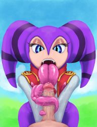 Rule 34 | 1boy, 1girl, blue eyes, buttbuttthenobelbutt, eyelashes, fangs, fellatio, hat, hetero, highres, interspecies, jester cap, long tongue, nights (character), nights into dreams, open mouth, oral, penis, saliva, saliva trail, sega, sonic (series), tongue, tongue out, tonguejob, very long tongue, vest, wide hips