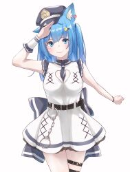 Rule 34 | 1girl, alternate costume, animal ears, back bow, belt, between breasts, black belt, black necktie, blue eyes, blue hair, blush, bow, breasts, closed mouth, commentary request, cowboy shot, cuffs, dog ears, dog girl, dress, earclip, grey bow, hair ornament, hairclip, handcuffs, hat, heart ear ornament, highres, large bow, long hair, looking at viewer, lovermoonlight, medium bangs, medium breasts, nanashi inc., necktie, necktie between breasts, paw print, police hat, salute, simple background, single wrist cuff, sleeveless, sleeveless dress, smile, solo, souya ichika, star (symbol), star hair ornament, thigh strap, virtual youtuber, waist bow, watch, white dress, wrist cuffs, wristwatch