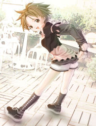 Rule 34 | 1girl, :d, adjusting clothes, argyle, argyle clothes, argyle legwear, arms behind back, black footwear, black socks, brown eyes, brown hair, chair, cross-laced footwear, dutch angle, full body, kneehighs, lamp, layered sleeves, leaning forward, legs apart, long sleeves, mikazuki akira!, open mouth, original, photo background, plant, puffy short sleeves, puffy sleeves, shoes, short over long sleeves, short sleeves, shorts, smile, sneakers, socks, solo, standing, table, tile floor, tiles, trimoon, white shorts