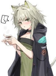 Rule 34 | ..., 1girl, absurdres, animal ear fluff, animal ears, arknights, black jacket, blush, borrowed clothes, breasts, cat ears, cat tail, choker, cleavage, commentary request, cup, dress, from side, green eyes, hands up, highres, holding, holding cup, horn/wood, jacket, jacket on shoulders, kal&#039;tsit (arknights), looking at viewer, messy hair, mug, open clothes, open jacket, short hair, sidelocks, simple background, sketch, solo, speech bubble, spoken ellipsis, standing, sweatdrop, tail, upper body, white background
