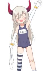 Rule 34 | 1girl, :d, ^ ^, bubukka, closed eyes, elbow gloves, emma august, gloves, grey hair, hair between eyes, horns, long hair, nijisanji, old school swimsuit, one-piece swimsuit, open mouth, pointy ears, school swimsuit, simple background, single thighhigh, smile, solo, striped clothes, striped thighhighs, swimsuit, thighhighs, virtual youtuber, white background, white gloves
