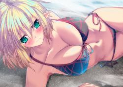 Rule 34 | 1girl, animated, animated png, bad id, bad pixiv id, beach, bikini, black bikini, blonde hair, blush, breasts, cleavage, green eyes, how to, large breasts, looking at viewer, lying, mizuhashi parsee, navel, on side, pointy ears, short hair, side-tie bikini bottom, solo, sousakubito, swimsuit, touhou, wavy mouth
