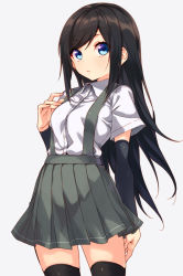 Rule 34 | 10s, 1girl, arm behind head, arm warmers, asashio (kancolle), black hair, black thighhighs, blouse, blue eyes, hair between eyes, hand on own chest, kantai collection, long hair, looking at viewer, pleated skirt, school uniform, shirt, short sleeves, skirt, solo, sushikuugo (suisen), suspenders, swept bangs, thighhighs, white shirt