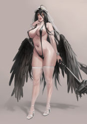 Rule 34 | 1girl, albedo (overlord), axe, black hair, black wings, breasts, bridal veil, covered erect nipples, detached sleeves, drooling, fangs, feathered wings, female pubic hair, finger to mouth, full body, high heels, highres, jeneral, large breasts, long hair, looking at viewer, low wings, naughty face, navel, overlord (maruyama), pubic hair, pubic hair peek, saliva, saliva trail, simple background, slingshot swimsuit, solo, standing, stomach, swimsuit, thighhighs, veil, very long hair, white footwear, wings, yellow eyes
