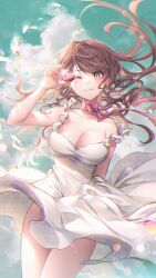 Rule 34 | 1girl, arm up, bare arms, bare shoulders, breasts, brown hair, choker, cleavage, closed mouth, cowboy shot, dress, floating hair, gem, green eyes, highres, holding, large breasts, long hair, looking at viewer, miori celesta, one eye closed, ozzingo, red choker, red gemstone, ribbon choker, sleeveless, sleeveless dress, smile, solo, standing, sundress, thighs, tsunderia, virtual youtuber, white dress