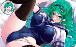 Rule 34 | 1girl, adjusting clothes, adjusting swimsuit, alternate costume, black thighhighs, blue hairband, blue necktie, blue one-piece swimsuit, blue sailor collar, blush, breasts, breasts apart, cameltoe, cleft of venus, closed mouth, commentary request, dated, feet out of frame, frog hair ornament, green eyes, green hair, groin, hair between eyes, hair ornament, hair tubes, hairband, huge breasts, kochiya sanae, long hair, looking at viewer, necktie, one-piece swimsuit, sailor collar, school uniform, serafuku, shirt, smile, snake hair ornament, solo, spread legs, swimsuit, swimsuit under clothes, thighhighs, touhou, white shirt, yamaguchi yuu