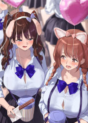 Rule 34 | 4girls, animal ears, black skirt, blue bow, blue bowtie, blue eyes, bow, bowtie, braid, breasts, brown hair, button gap, cat ears, collarbone, collared shirt, commentary request, cup, dog ears, fake animal ears, fang, hair bow, holding, holding cup, kaisen chuui, large breasts, long hair, multiple girls, open mouth, original, pink bow, pleated skirt, shirt, skirt, star sticker, sticker on face, twin braids, two side up, white shirt