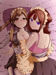 Rule 34 | 2girls, artist request, bang dream!, bare shoulders, blonde hair, blush, bra, breasts, brown hair, cleavage, collarbone, couple, hair ornament, highres, ichigaya arisa, large breasts, maid, multiple girls, on bed, pink bra, purple eyes, short hair, sweat, tagme, tongue, tongue out, toyama kasumi, twintails, underwear, undressing, yellow eyes, yuri