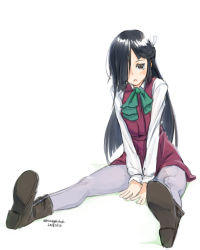 Rule 34 | 1girl, black footwear, black hair, boots, bow, bowtie, cross-laced footwear, dated, full body, grey pantyhose, hair over one eye, hair ribbon, halterneck, hayashimo (kancolle), kangoku kou, kantai collection, lace-up boots, long hair, pantyhose, ribbon, school uniform, shirt, simple background, sitting, solo, twitter username, very long hair, white background, white shirt