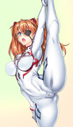 Rule 34 | 1girl, alternate breast size, ass, blue eyes, blush, bodysuit, breasts, brown hair, cameltoe, covered navel, curvy, evangelion: 3.0+1.0 thrice upon a time, eyepatch, flexible, gloves, gradient background, hair between eyes, hair ornament, headpiece, highres, hiyohiyo, huge ass, interface headset, large breasts, leg lift, leg up, legs apart, long hair, looking at viewer, neon genesis evangelion, open mouth, plugsuit, rebuild of evangelion, shiny clothes, shiny skin, skin tight, solo, souryuu asuka langley, split, standing, standing on one leg, standing split, sweat, sweatdrop, tsundere, two side up, very long hair, wide hips