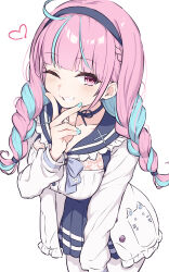 1girl absurdres blue_hair blush braid eternaltanbo hairband heart highres hololive jacket minato_aqua multicolored_hair nail_polish neck_ribbon one_eye_closed open_clothes open_jacket pink_eyes pink_hair ribbon smile two-tone_hair virtual_youtuber