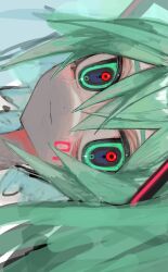 Rule 34 | 1girl, closed mouth, commentary, facial mark, green eyes, green hair, hair between eyes, hair ornament, hatsune miku, highres, long hair, looking at viewer, mushi buuun, portrait, ringed eyes, sideways, solo, twintails, vocaloid