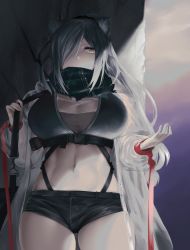 Rule 34 | 1girl, animal ear fluff, animal ears, arknights, bag, black scarf, black shorts, breasts, cat ears, ckhd, cleavage, commentary request, cowboy shot, crop top, hair between eyes, hair over one eye, highres, holding strap, jacket, large breasts, long hair, long sleeves, looking at hand, midriff, navel, open clothes, open hand, open jacket, ponytail, scarf, schwarz (arknights), shade, short shorts, shorts, shoulder bag, sidelocks, silver hair, solo, standing, striped clothes, striped scarf, underbust, wall, white jacket, yellow eyes