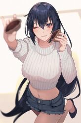 Rule 34 | 1girl, ;), alternate costume, black footwear, black hair, breasts, chocolate, commentary request, denim, denim shorts, food, from above, hair between eyes, highres, holding, holding chocolate, holding food, kantai collection, kasumi (skchkko), large breasts, long hair, looking at viewer, midriff, nagato (kancolle), navel, one eye closed, ribbed sweater, short shorts, shorts, simple background, smile, solo, standing, standing on one leg, sweater, white sweater