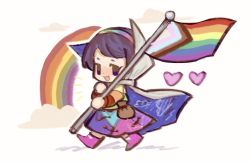 Rule 34 | 1girl, blue eyes, blue hair, boots, cloak, commentary, dress, flag, gretia, hairband, heart, holding, holding flag, lgbt pride, long sleeves, multicolored clothes, multicolored dress, multicolored hairband, open mouth, patchwork clothes, pink footwear, rainbow, rainbow flag, rainbow gradient, short hair, simple background, smile, solo, symbol-only commentary, tenkyuu chimata, touhou, white background, white cloak