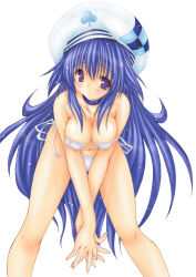Rule 34 | 1girl, arin, bent over, beret, blue eyes, blue hair, breasts squeezed together, breasts, choker, cleavage, covered erect nipples, hat, large breasts, lingerie, long hair, matching hair/eyes, navel, pangya, panties, side-tie panties, solo, sweat, take toshiaki, underwear, wet