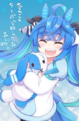 Rule 34 | 1girl, ahoge, animal ears, aqua hair, blue background, blue hair, closed eyes, coat, commentary request, facing viewer, fur-trimmed coat, fur trim, hair ribbon, highres, holding, holding stuffed toy, horse ears, horse girl, horse tail, long hair, long sleeves, open mouth, partial commentary, ribbon, sharp teeth, smile, snowflake background, solo, standing, stuffed animal, stuffed rabbit, stuffed toy, tail, teeth, translated, tsukishima makoto, twin turbo (umamusume), twintails, umamusume, very long hair, white coat, white ribbon