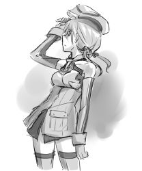 Rule 34 | 1girl, bismarck (kancolle), bismarck (kancolle) (cosplay), collarbone, cosplay, detached sleeves, gertrud barkhorn, gloves, greyscale, hair ribbon, hand on headwear, kantai collection, long hair, long sleeves, military, military uniform, monochrome, mukiki, ribbon, solo, strike witches, thighhighs, twintails, uniform, world witches series, zettai ryouiki