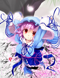 Rule 34 | 1girl, arm ribbon, blue dress, breasts, cherry blossoms, dress, from above, hands up, hat, large breasts, long sleeves, looking at viewer, md5 mismatch, parted lips, petals, purple hair, red eyes, resolution mismatch, ribbon, ribbon-trimmed collar, ribbon trim, saigyouji yuyuko, salamander (hop-step), sash, solo, source smaller, tears, touhou, tree, wide sleeves