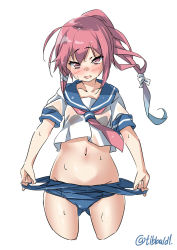 Rule 34 | 10s, 1girl, ahoge, blue one-piece swimsuit, blush, breasts, collarbone, cowboy shot, cropped legs, ebifurya, gluteal fold, gradient hair, groin, highres, i-168 (kancolle), kantai collection, long hair, looking at viewer, multicolored hair, navel, necktie, one-piece swimsuit, open mouth, pink eyes, ponytail, red necktie, school uniform, serafuku, short sleeves, simple background, small breasts, solo, stomach, sweat, swimsuit, twitter username, two-tone hair, undressing, white background