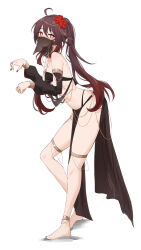 Rule 34 | 1girl, ahoge, alternate costume, anklet, bare shoulders, barefoot, black nails, brown hair, choker, dancer, detached sleeves, feint721, flower, flower-shaped pupils, from side, full body, genshin impact, grin, hair flower, hair ornament, highres, hu tao (genshin impact), jewelry, leaning forward, long hair, looking at viewer, looking to the side, mouth veil, nail polish, navel, parted lips, pelvic curtain, plum blossoms, red eyes, red flower, smile, solo, standing, stomach, symbol-shaped pupils, thighlet, thighs, toenail polish, toenails, twintails, veil, wavy hair