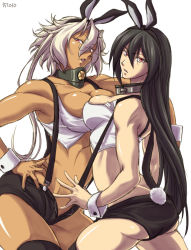 Rule 34 | 10s, 2girls, alternate costume, alternate hairstyle, animal ears, arm around shoulder, ass, black hair, breast press, breasts, bunny girl, collar, dark-skinned female, dark skin, dated, fake animal ears, glasses, hair between eyes, hand on own hip, kantai collection, kikumon, large breasts, long hair, looking at viewer, looking to the side, metal collar, multiple girls, musashi (kancolle), nagato (kancolle), no panties, open clothes, open fly, orange eyes, parted lips, pince-nez, rabbit ears, rabbit tail, red eyes, short hair with long locks, short shorts, shorts, suspenders, symmetrical docking, tail, thighhighs, toned, tsuzuki masumi, unbuttoned, very long hair, white hair, wrist cuffs