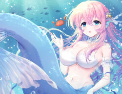 Rule 34 | 1girl, air bubble, awayuki ramika, bikini, bikini top only, blue eyes, blue tail, blush, breasts, bubble, cleavage, commentary request, commission, crab, fins, fish, hair ornament, head fins, highres, large breasts, long hair, looking at viewer, mermaid, monster girl, open mouth, original, pink hair, skeb commission, solo, starfish hair ornament, swimsuit, underwater, white bikini