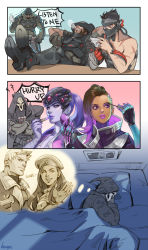 Rule 34 | 2girls, 3boys, aged down, alternate costume, ana (overwatch), anger vein, applying makeup, artist name, asymmetrical hair, bad id, bad pixiv id, beard, blackwatch cassidy, blackwatch genji, blackwatch reyes, brown hair, captain amari, closed eyes, clothes writing, colored skin, comic, commentary, cosmetics, cowboy hat, crossed arms, cyborg, dark-skinned female, dark skin, drooling, english text, facial hair, fingernails, genji (overwatch), gradient hair, hage2013, handheld game console, hat, hat over eyes, head-mounted display, highres, hood, lips, lipstick tube, long fingernails, long hair, makeup, mascara, mask, mole, mole under eye, multicolored hair, multiple boys, multiple girls, nail polish, nose bubble, overwatch, overwatch 1, parted lips, pink lips, pink nails, playing games, ponytail, purple eyes, purple hair, purple lips, purple skin, reaper (overwatch), scar, sepia, sleeping, soldier: 76 (overwatch), sombra (overwatch), strike-commander morrison, thought bubble, under covers, widowmaker (overwatch)