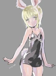 Rule 34 | 1girl, animal ears, black camisole, blonde hair, rabbit ears, rabbit tail, camisole, cowboy shot, elin, emily (pure dream), flat chest, grey background, no pants, short hair, simple background, sketch, solo, tail, tera online, upper body, yellow eyes