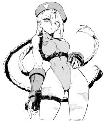 Rule 34 | 1girl, ahoge, bare shoulders, belt, beret, braid, breasts, cammy white, closed mouth, covered navel, cowboy shot, facial scar, fingerless gloves, gloves, gluteal fold, greyscale, hair between eyes, hand on own hip, hat, hatching (texture), highleg, highleg leotard, highres, kuroi susumu, leotard, long braid, long hair, looking at viewer, low twin braids, medium breasts, monochrome, pouch, scar, scar on cheek, scar on face, simple background, sleeveless, solo, street fighter, street fighter 6, thigh pouch, thigh strap, thighs, turtleneck, twin braids, very long hair, white background