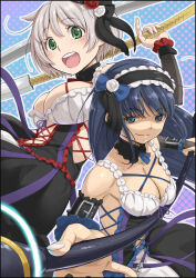 Rule 34 | 2girls, alternate costume, azusa mifuyu, bare shoulders, black dress, blue eyes, blue hair, breasts, choker, cleavage, closed mouth, cross-laced clothes, detached collar, detached sleeves, dress, dual wielding, enmaided, flower, frilled dress, frills, gothic lolita, green eyes, grey hair, hair flower, hair ornament, hairband, hat, highres, holding, holding sword, holding weapon, large breasts, lolita fashion, lolita hairband, long hair, looking at viewer, magia record: mahou shoujo madoka magica gaiden, mahou shoujo madoka magica, maid, multiple girls, nanami yachiyo, open mouth, polka dot, polka dot background, ribbon, rose, shaded face, short hair, smile, sword, teeth, upper teeth only, weapon, you2