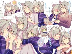 Rule 34 | &gt; &lt;, 2girls, alternate hair color, animal ears, bang dream!, blue shirt, blush, book, braid, brown shirt, cat ears, cheese, collared shirt, controller, dreaming, eye contact, face-to-face, facial mark, food, green eyes, grey hair, grey shirt, hands on another&#039;s face, head on another&#039;s shoulder, heart, hikawa hina, hikawa sayo, holding, holding book, hug, hug from behind, incest, jewelry, leaning on person, long hair, long sleeves, looking at another, mikan-uji, mouse ears, mouse tail, multiple girls, multiple views, pendant, pillow, plaid, plaid shirt, remote control, shirt, short hair, short sleeves, siblings, side braids, sisters, sleeping, sleepy, sleeves rolled up, tail, twins, under covers, whisker markings, yuri