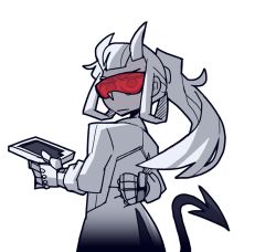 Rule 34 | 1girl, arm behind back, bags under eyes, closed mouth, coat, cowboy shot, demon girl, demon tail, female focus, formal, from behind, goggles, hair rings, half-closed eyes, hand up, helltaker, holding, holding tablet pc, horns, jitome, lab coat, long hair, long sleeves, looking at viewer, looking back, loremaster (helltaker), mechanical arms, official art, open clothes, open coat, ponytail, prosthesis, red-tinted eyewear, red-tinted glasses, rimless eyewear, sidelocks, simple background, sleeves rolled up, solo, standing, suit, sunglasses, tablet pc, tail, tinted eyewear, transparent background, v-shaped eyebrows, vanripper, visor, white coat, white hair