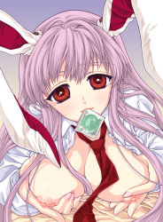 Rule 34 | 1girl, animal ears, breasts, condom, condom in mouth, female focus, highres, large breasts, light purple hair, long hair, mouth hold, necktie, nipples, rabbit ears, red eyes, red necktie, reisen udongein inaba, solo, touhou, yukarigawa yumiya