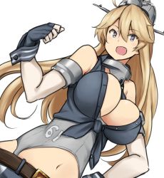 Rule 34 | 10s, blonde hair, blue eyes, breasts, cleavage, coco nesta, elbow gloves, fingerless gloves, front-tie top, gloves, hair between eyes, headgear, iowa (kancolle), kantai collection, large breasts, parody, shibafu (glock23) (style), solo, star-shaped pupils, star (symbol), style parody, symbol-shaped pupils