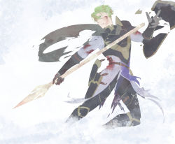 Rule 34 | 1boy, aran, armor, blood, blood on face, cape, fire emblem, fire emblem: radiant dawn, gloves, green eyes, green hair, hair over one eye, highres, male focus, nintendo, polearm, shield, simple background, solo, spear, teeth, torn clothes, tyu2me2, upper body, weapon, white background