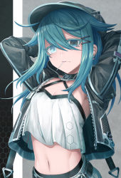 Rule 34 | 1girl, absurdres, arms behind back, black jacket, black panties, closed mouth, crop top, earrings, green hair, grey eyes, hair between eyes, hair flaps, hair ornament, hands up, hat, heterochromia, highres, jacket, jewelry, long hair, looking at viewer, midriff, mouth hold, navel, open clothes, open jacket, original, panties, pants, shichigatsu, shirt, solo, underwear, upper body, white shirt