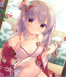 Rule 34 | 1girl, arrow (projectile), bell, berry, blurry, blurry background, blush, bra, breasts, brown eyes, brown hair, closed mouth, commentary request, depth of field, ema, floral print, frilled bra, frilled panties, frills, hair between eyes, hair bun, hamaya, holding, holding arrow, japanese clothes, jingle bell, kimono, long hair, long sleeves, looking at viewer, medium breasts, navel, off shoulder, open clothes, open kimono, original, panties, print kimono, red kimono, side bun, single hair bun, single side bun, smile, solo, striped bra, striped clothes, underwear, vertical-striped bra, vertical-striped clothes, wide sleeves, yukie (peach candy)